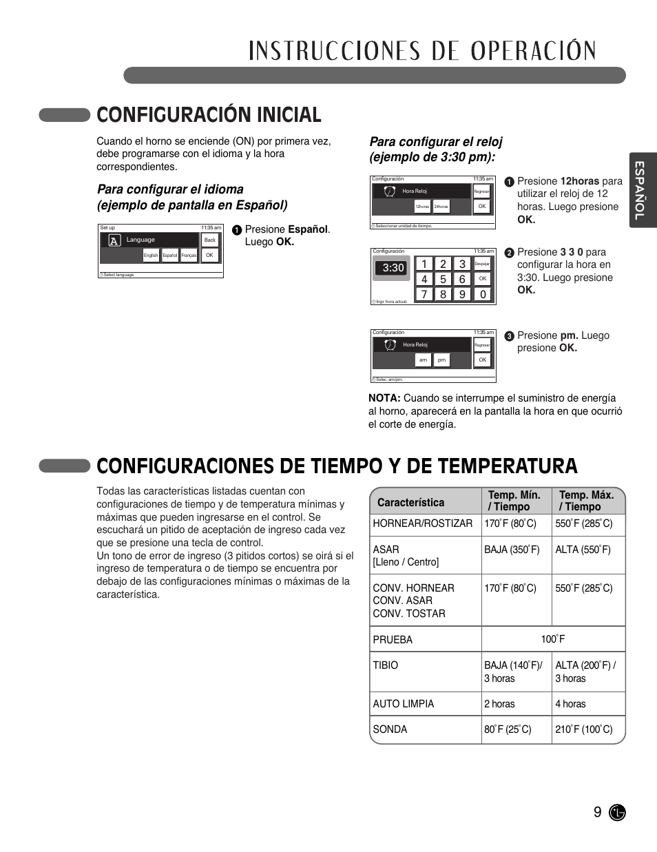 Español, Para configurar el reloj (ejemplo de 3:30 pm) | LG LSWD305ST User Manual | Page 49 / 80