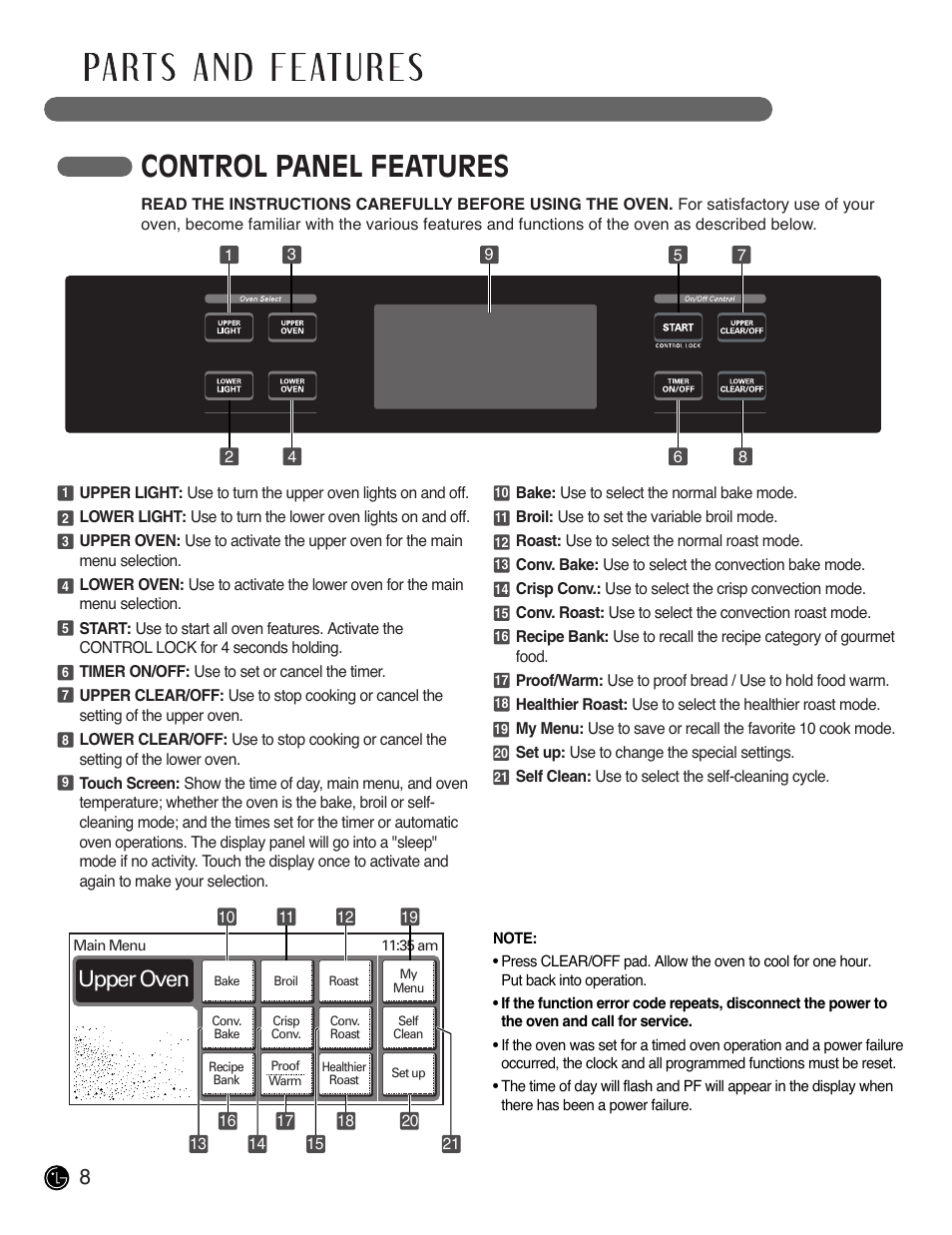 Control panel features, Upper oven | LG LSWD305ST User Manual | Page 8 / 80