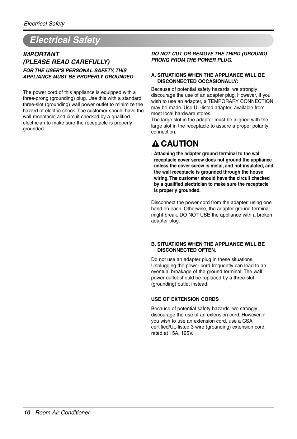 Electrical safety | LG LW1011CR User Manual | Page 10 / 47