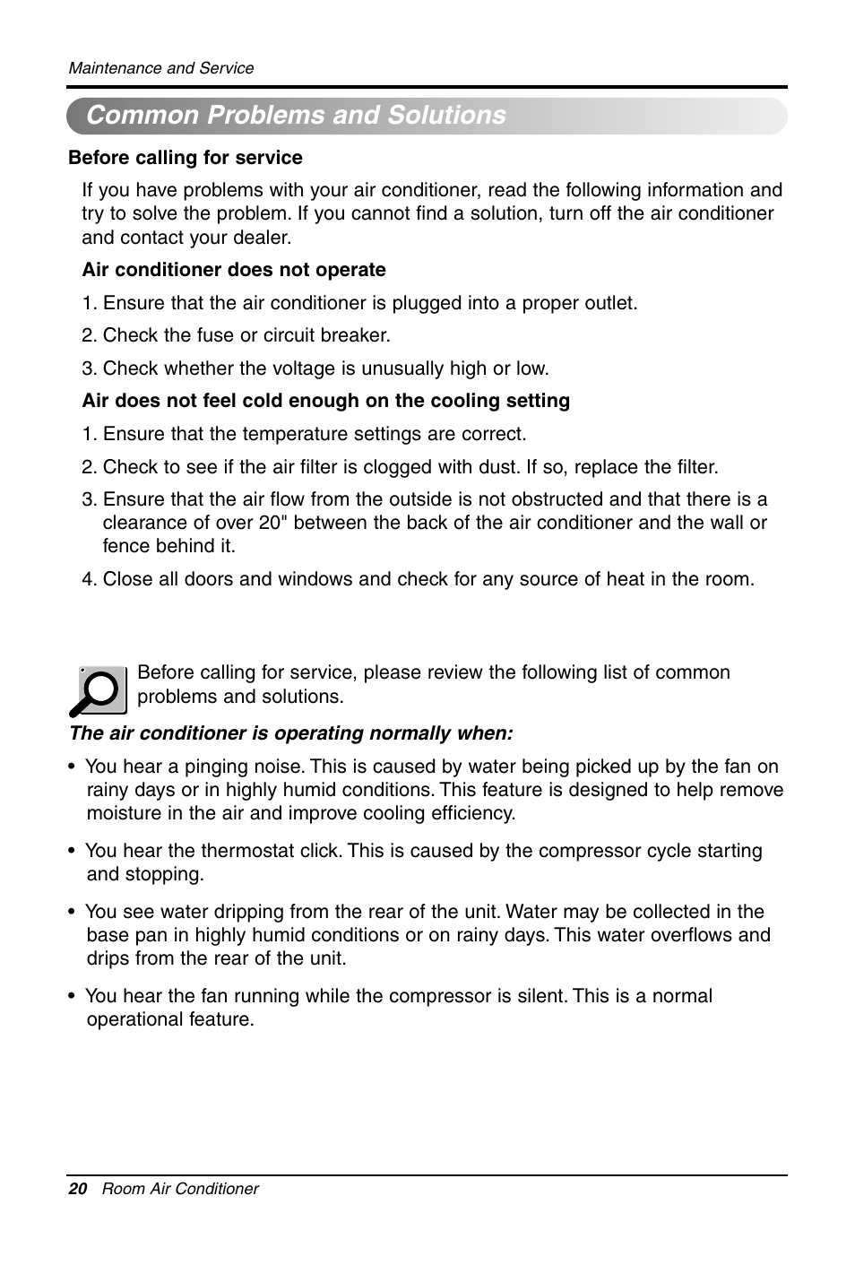 Common problems and solutions | LG LW1011CR User Manual | Page 20 / 47