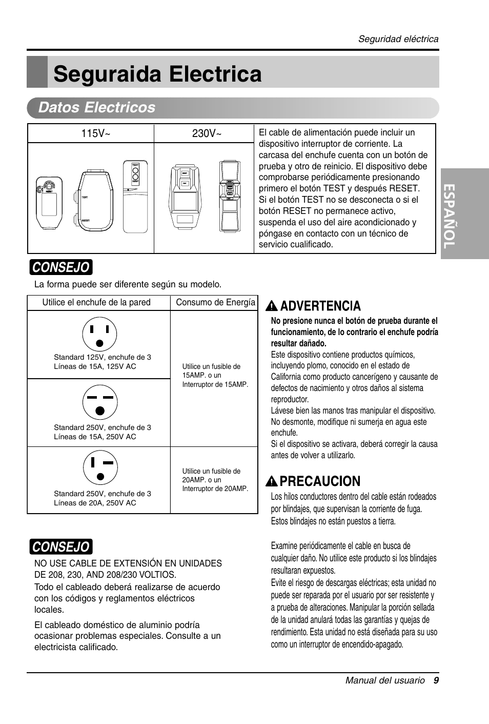 Seguraida electrica, Español, Datos electricos | Consejo | LG LW1011CR User Manual | Page 30 / 47