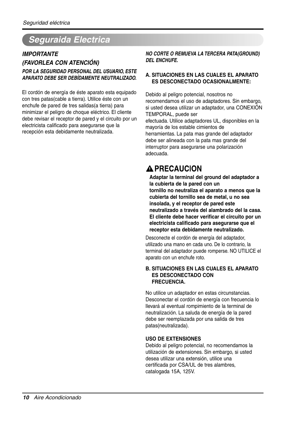 Seguraida electrica | LG LW1011CR User Manual | Page 31 / 47