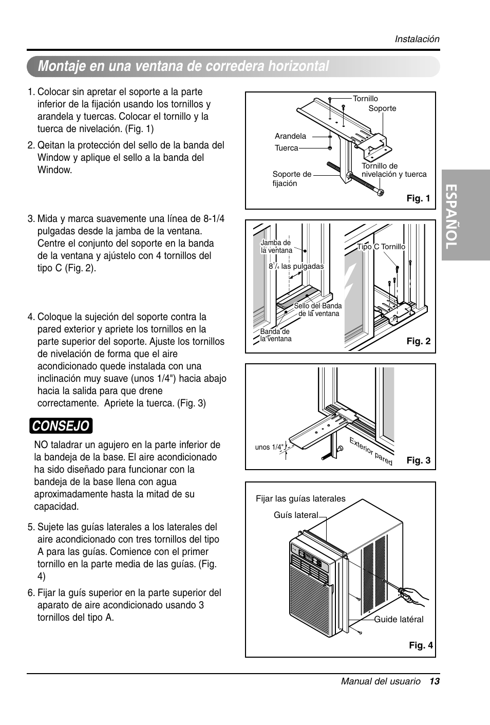 Español, Montaje en una ventana de corredera horizontal, Consejo | LG LW1011CR User Manual | Page 34 / 47