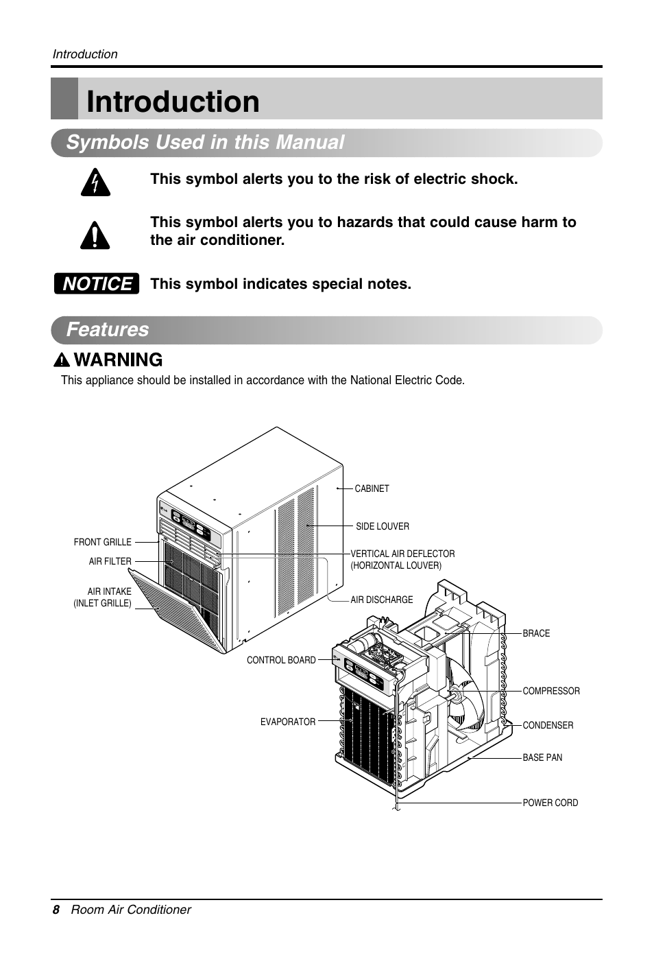 Introduction, Symbols used in this manual features, Notice | LG LW1011CR User Manual | Page 8 / 47