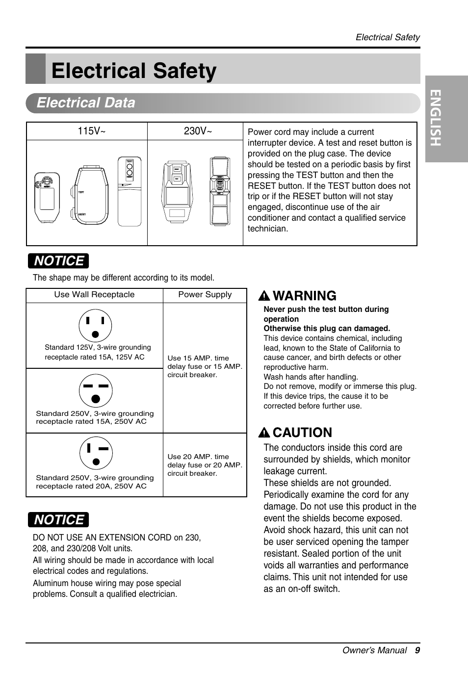Electrical safety, English, Electrical data | Notice | LG LW1011CR User Manual | Page 9 / 47