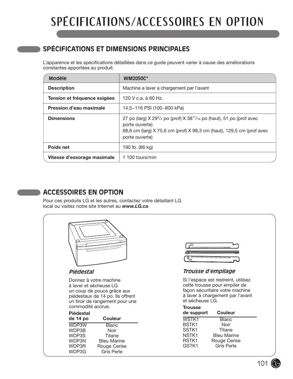 Spécifications et dimensions principales, Accessoires en option | LG WM2050CW User Manual | Page 101 / 108