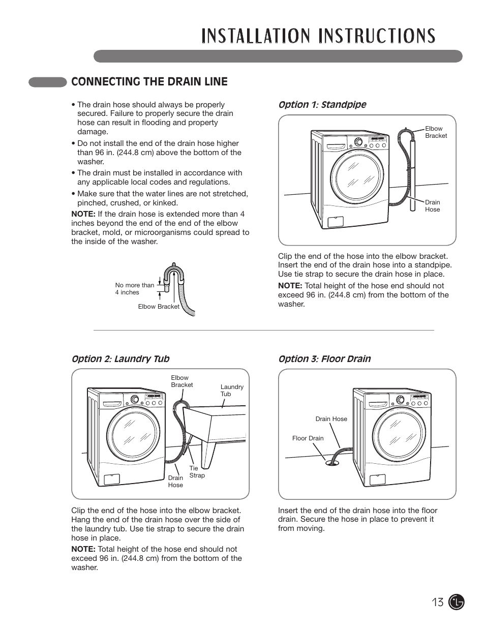 Connecting the drain line | LG WM2050CW User Manual | Page 13 / 108