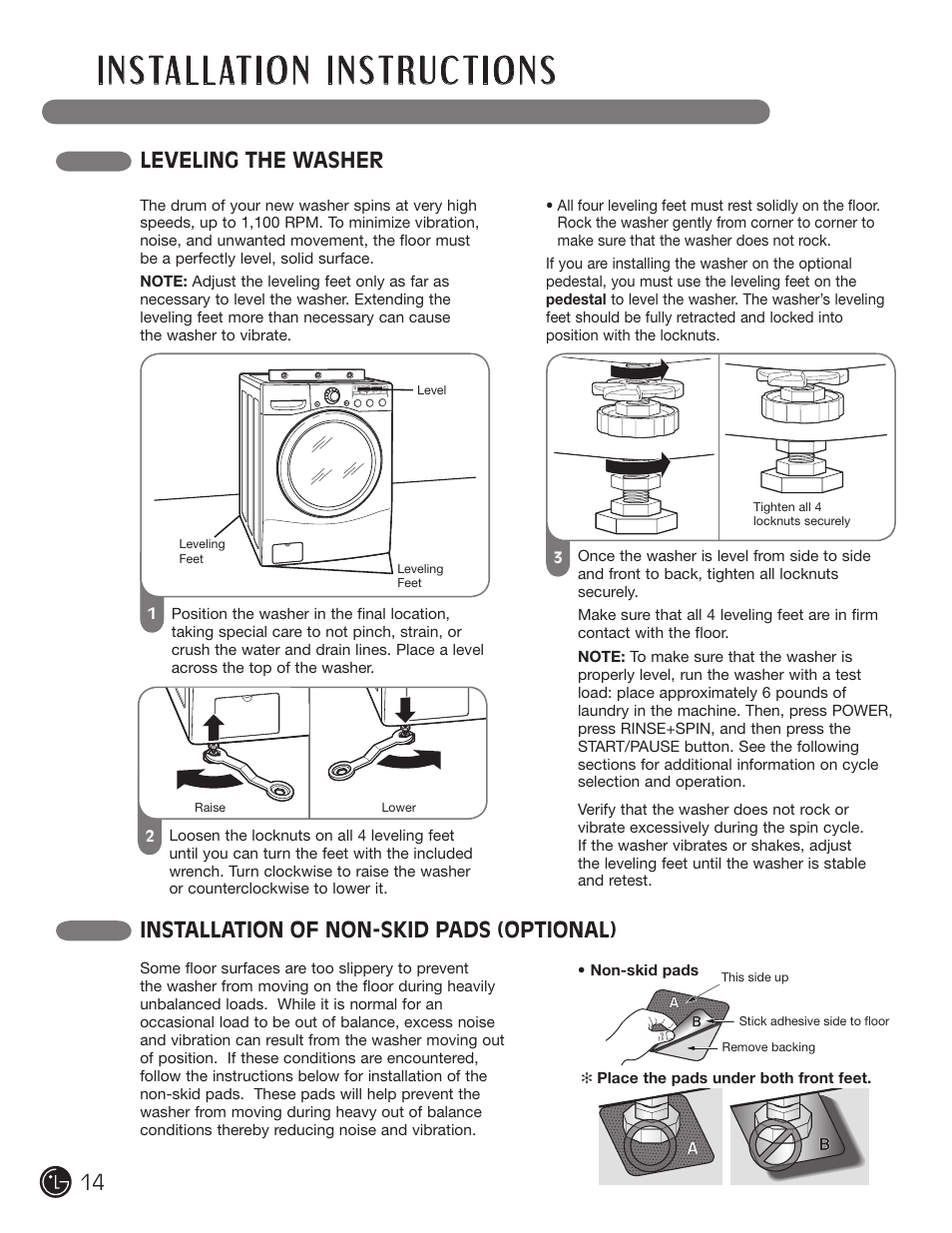 Leveling the washer, Installation of non-skid pads (optional) | LG WM2050CW User Manual | Page 14 / 108