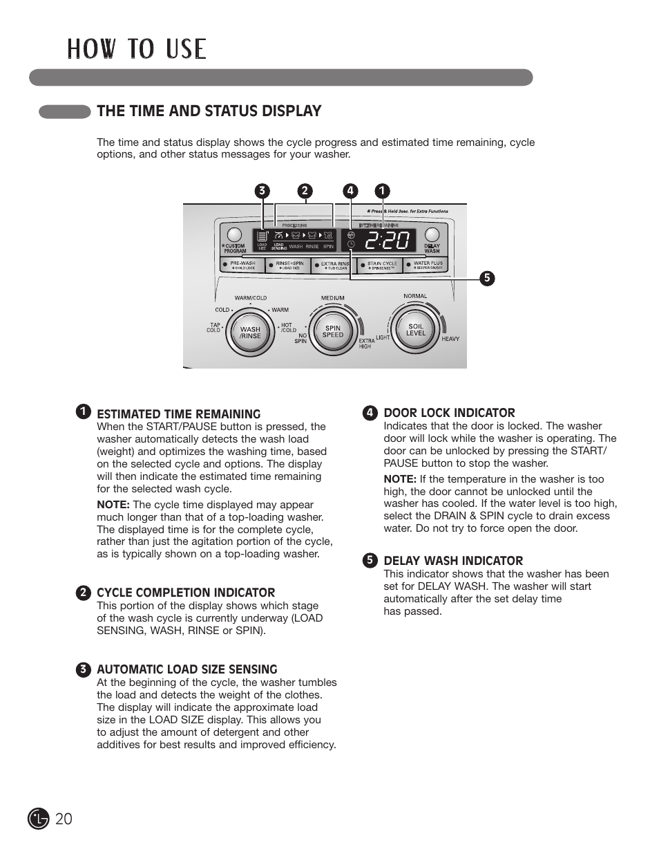 H o w to u s e, The time and status display | LG WM2050CW User Manual | Page 20 / 108