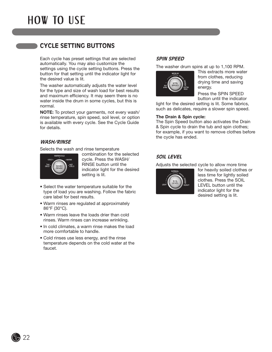 H o w to u s e, Cycle setting buttons | LG WM2050CW User Manual | Page 22 / 108