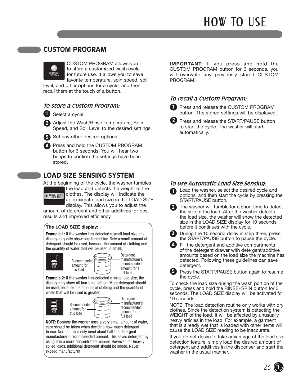 H o w to u s e, Custom program, Load size sensing system | LG WM2050CW User Manual | Page 23 / 108