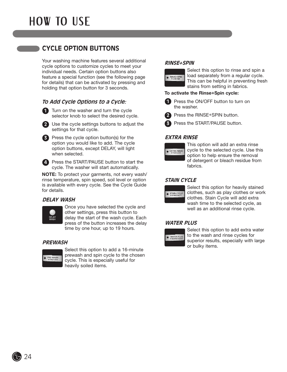 H o w to u s e, Cycle option buttons | LG WM2050CW User Manual | Page 24 / 108