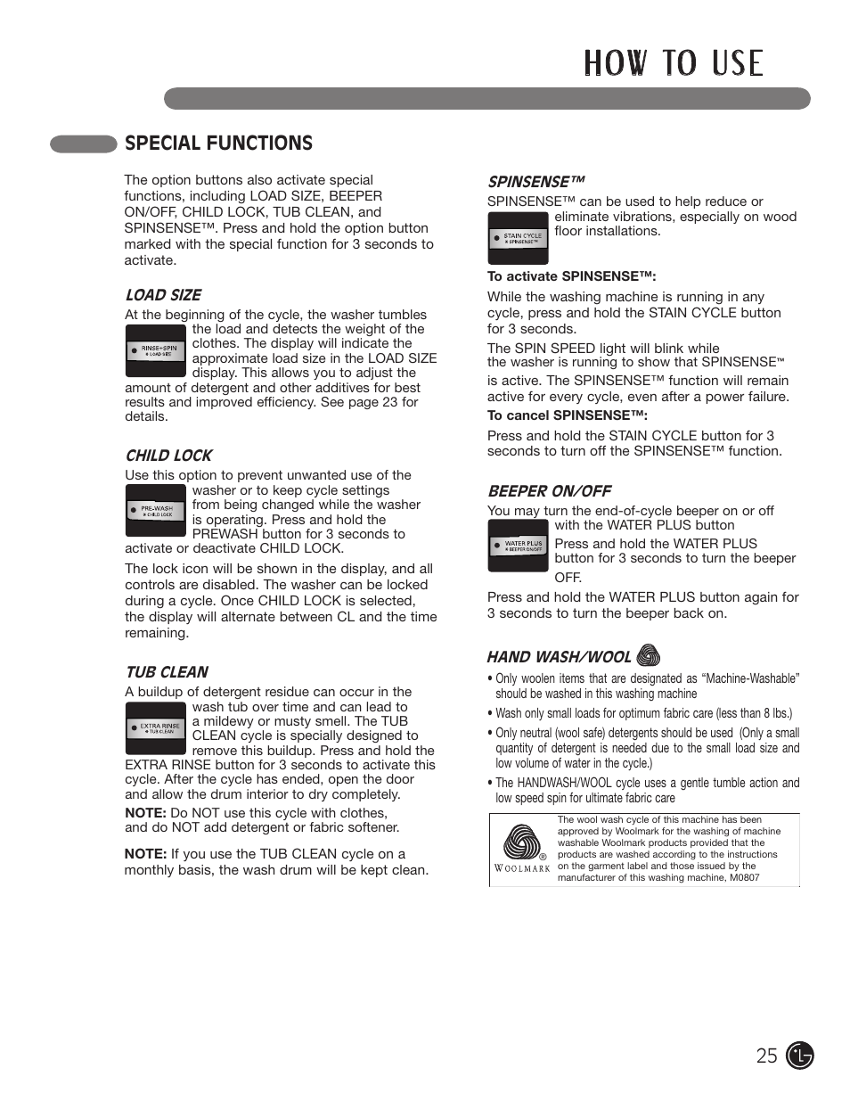H o w to u s e, Special functions | LG WM2050CW User Manual | Page 25 / 108