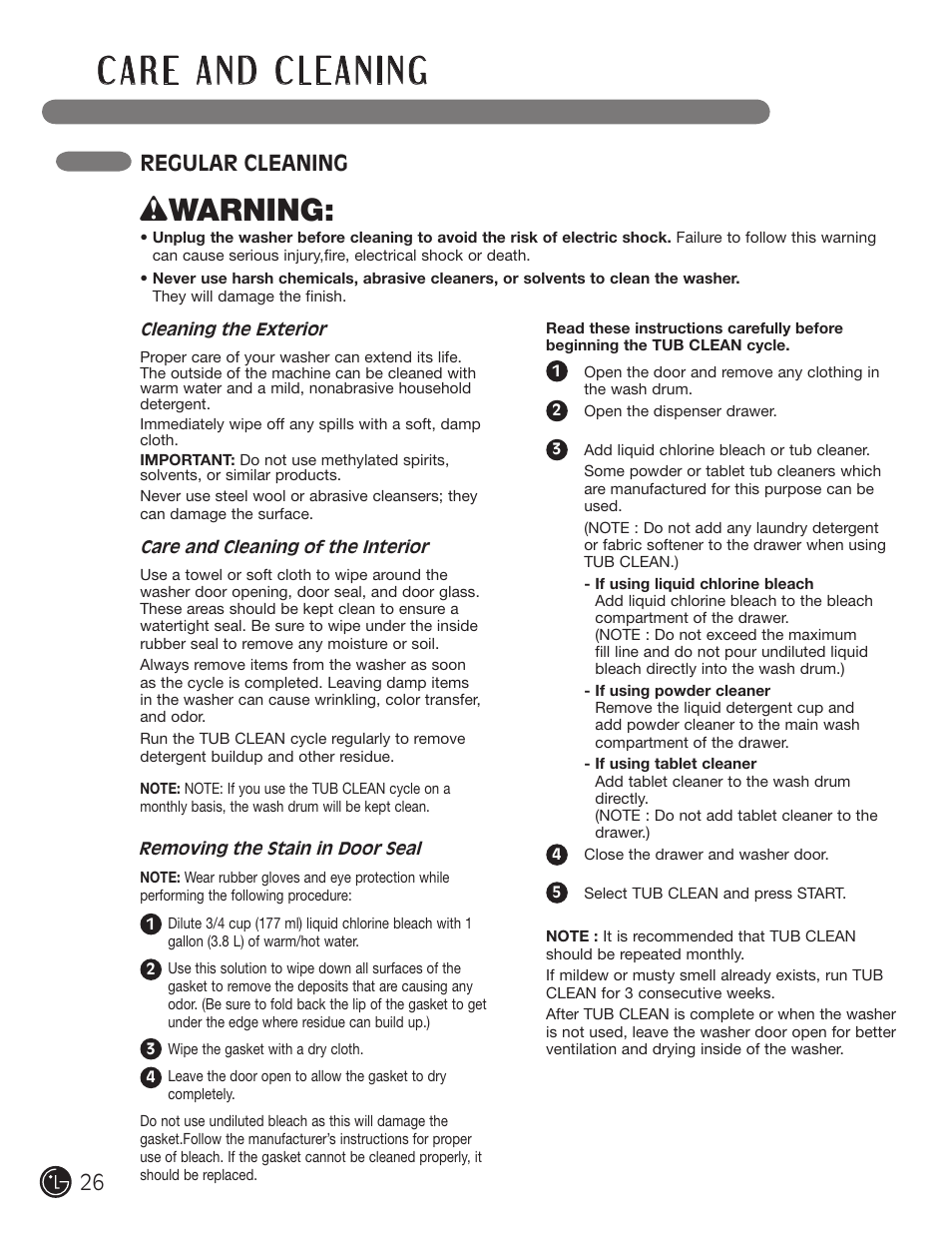 Wwarning, Regular cleaning | LG WM2050CW User Manual | Page 26 / 108