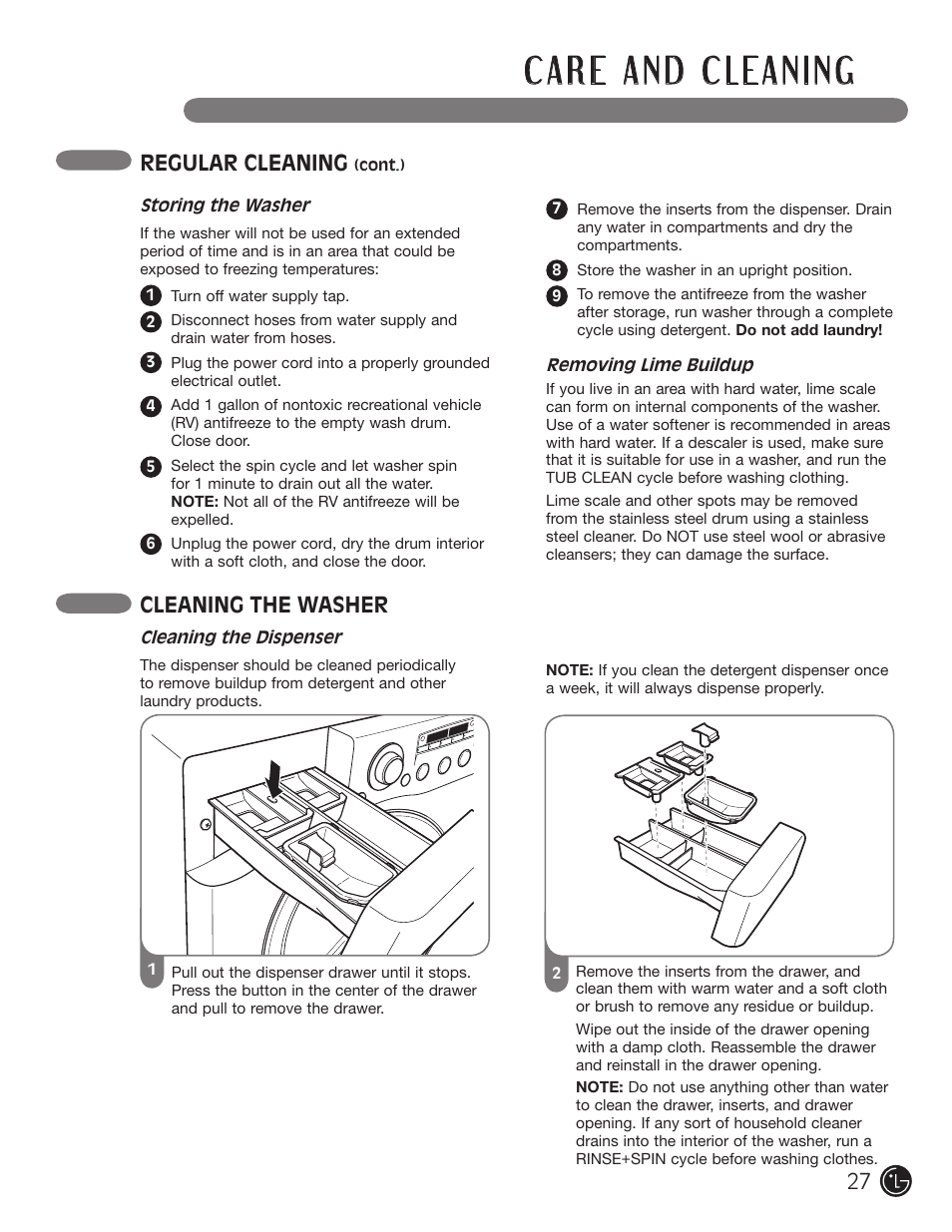 2 cleaning the washer, Regular cleaning | LG WM2050CW User Manual | Page 27 / 108