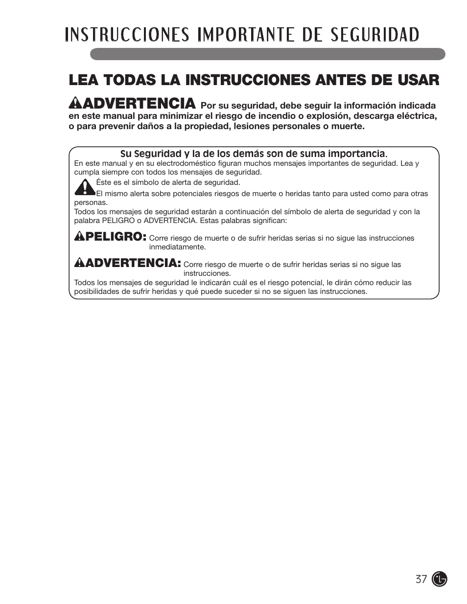 Lea todas la instrucciones antes de usar, Wpeligro, Wadvertencia | LG WM2050CW User Manual | Page 37 / 108