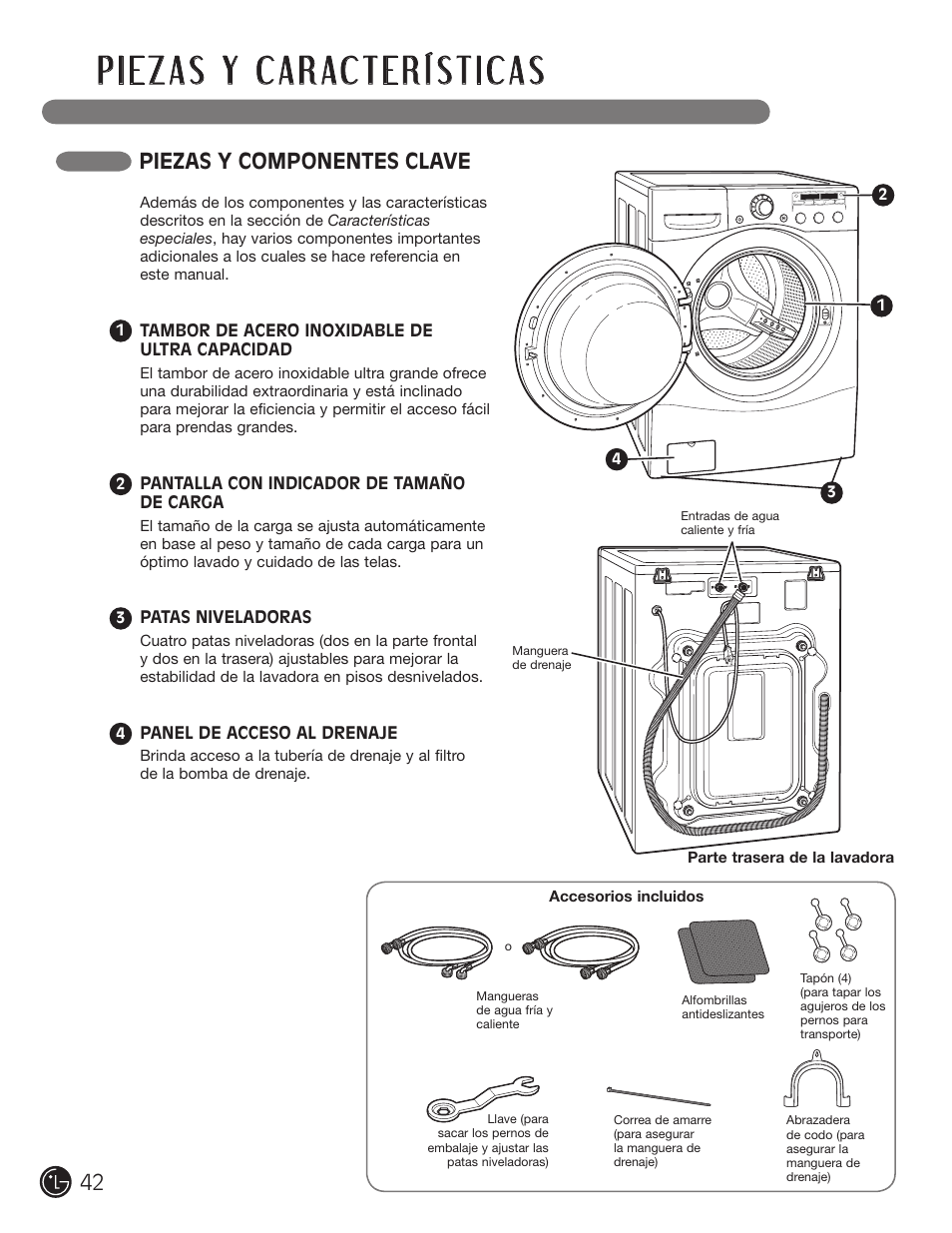 Piezas y componentes clave | LG WM2050CW User Manual | Page 42 / 108