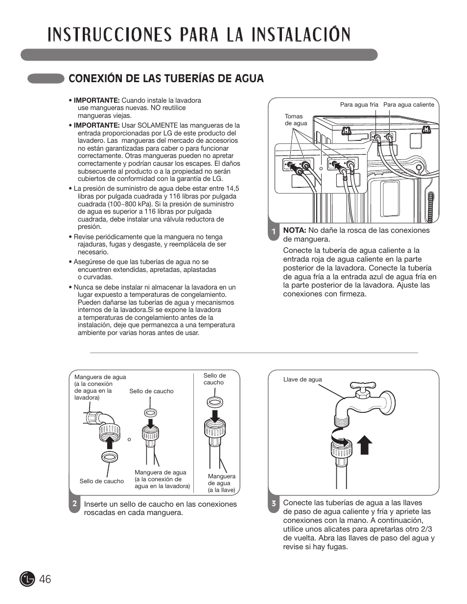 Conexión de las tuberías de agua | LG WM2050CW User Manual | Page 46 / 108