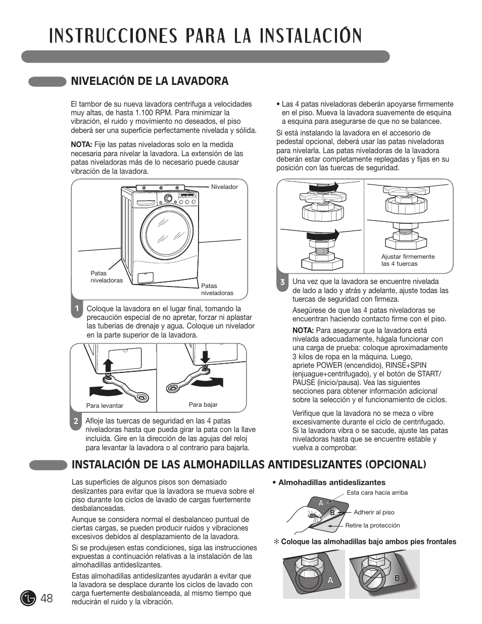 Nivelación de la lavadora | LG WM2050CW User Manual | Page 48 / 108