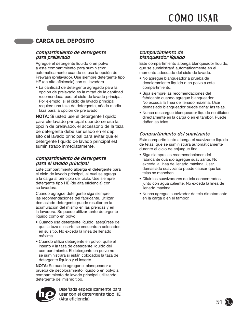 Carga del depósito | LG WM2050CW User Manual | Page 51 / 108
