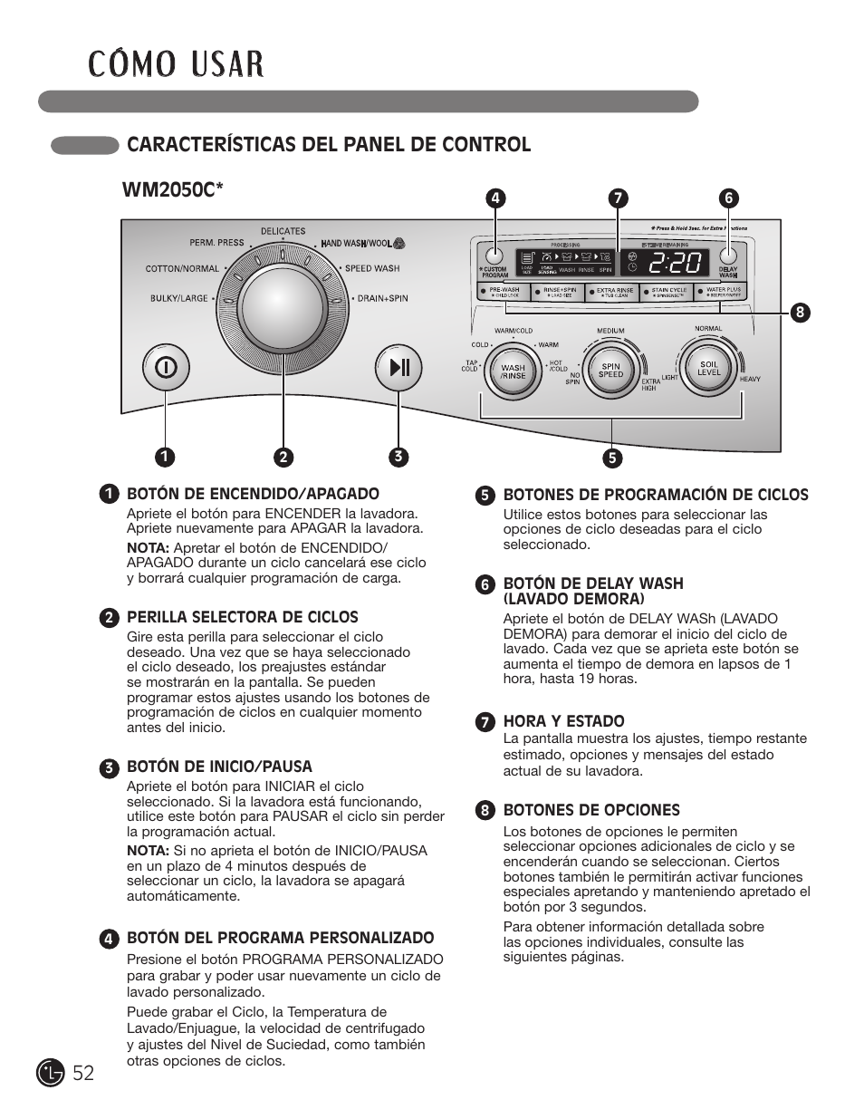 Características del panel de control, Wm2050c | LG WM2050CW User Manual | Page 52 / 108