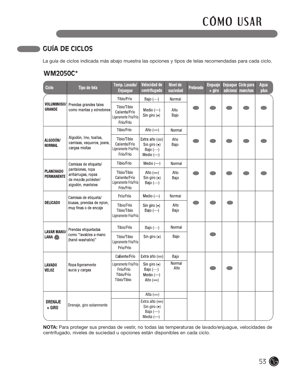 Guía de ciclos | LG WM2050CW User Manual | Page 53 / 108