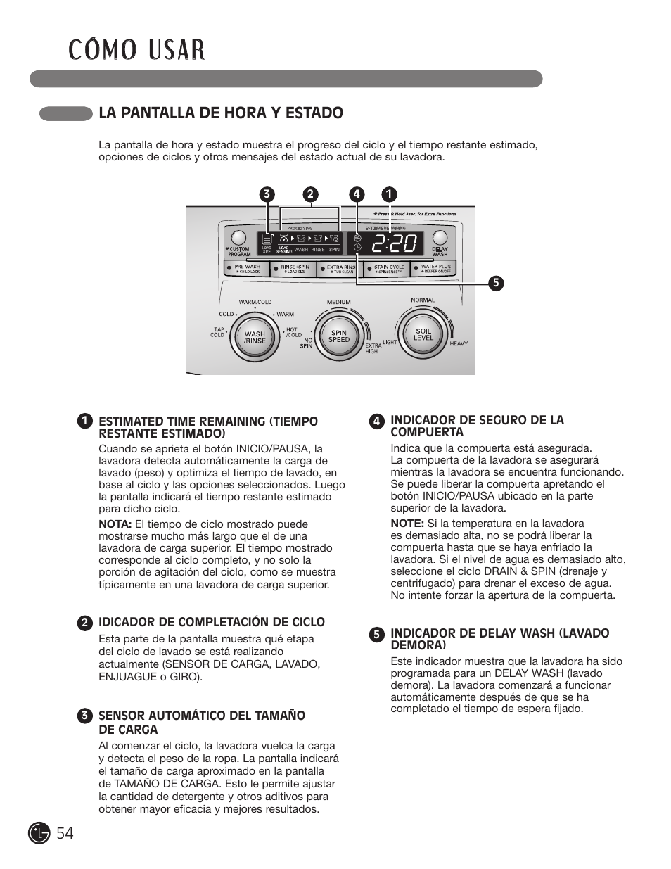 La pantalla de hora y estado | LG WM2050CW User Manual | Page 54 / 108