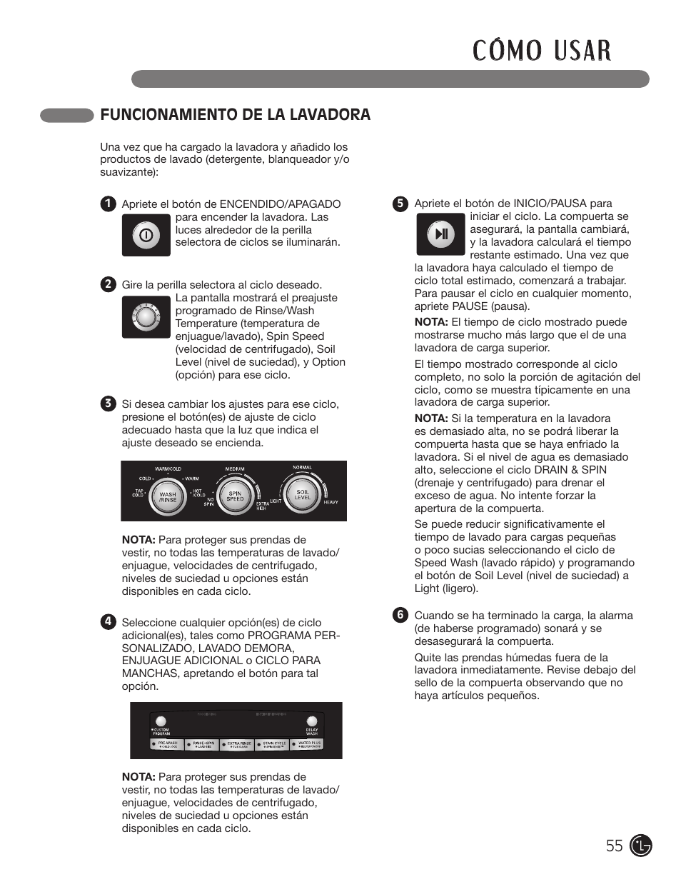 Funcionamiento de la lavadora | LG WM2050CW User Manual | Page 55 / 108