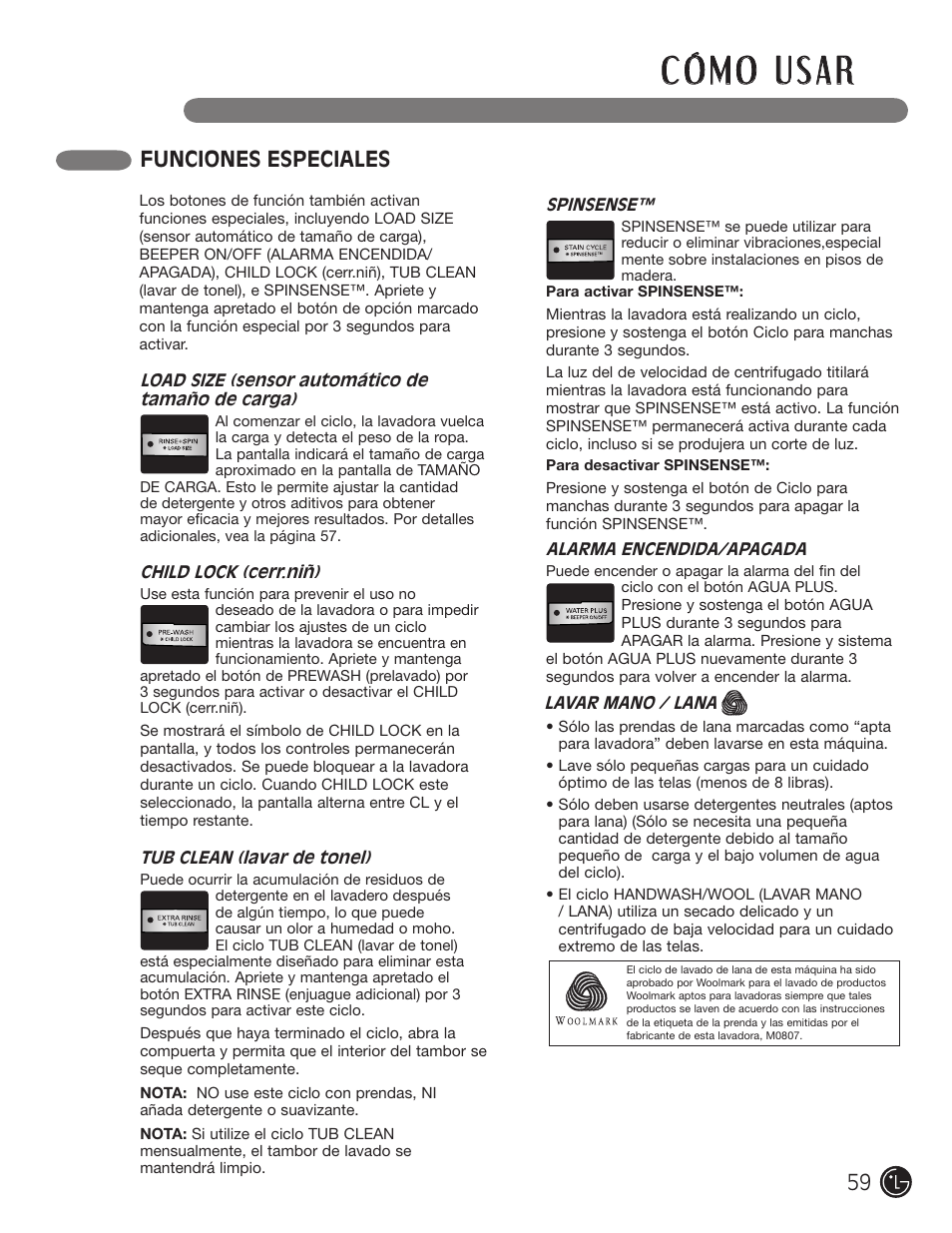 Funciones especiales | LG WM2050CW User Manual | Page 59 / 108