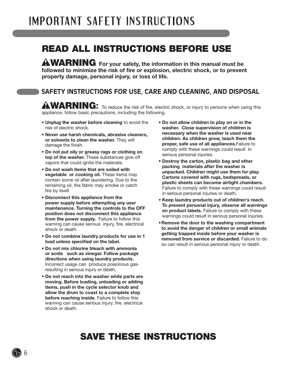Wwarning | LG WM2050CW User Manual | Page 6 / 108