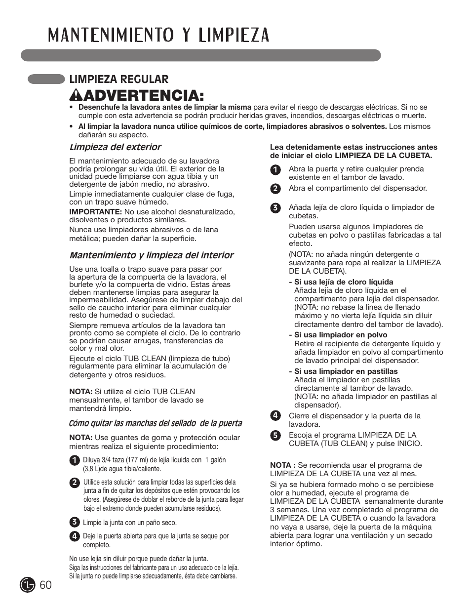 Wadvertencia, Limpieza regular | LG WM2050CW User Manual | Page 60 / 108