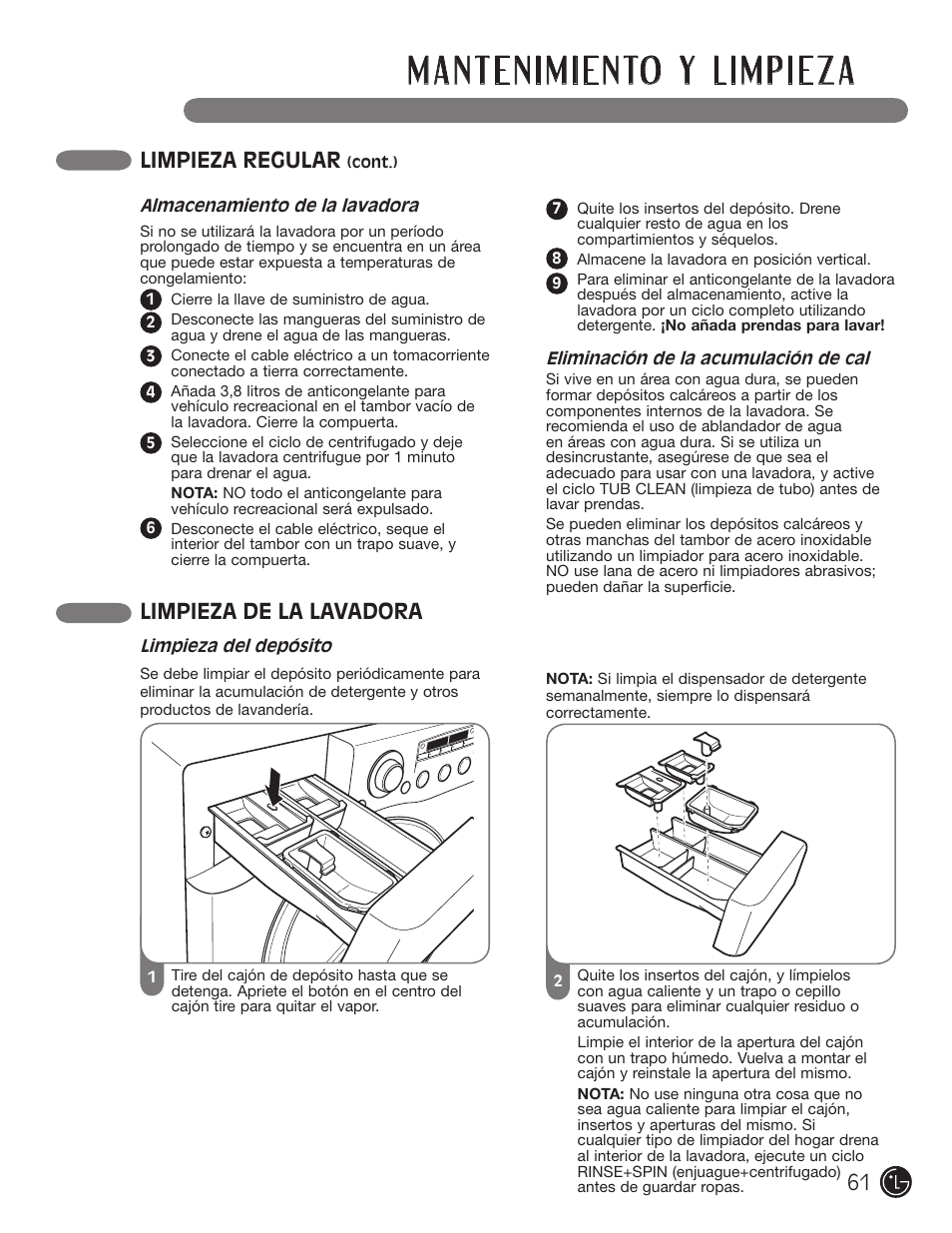 Limpieza de la lavadora, Limpieza regular | LG WM2050CW User Manual | Page 61 / 108