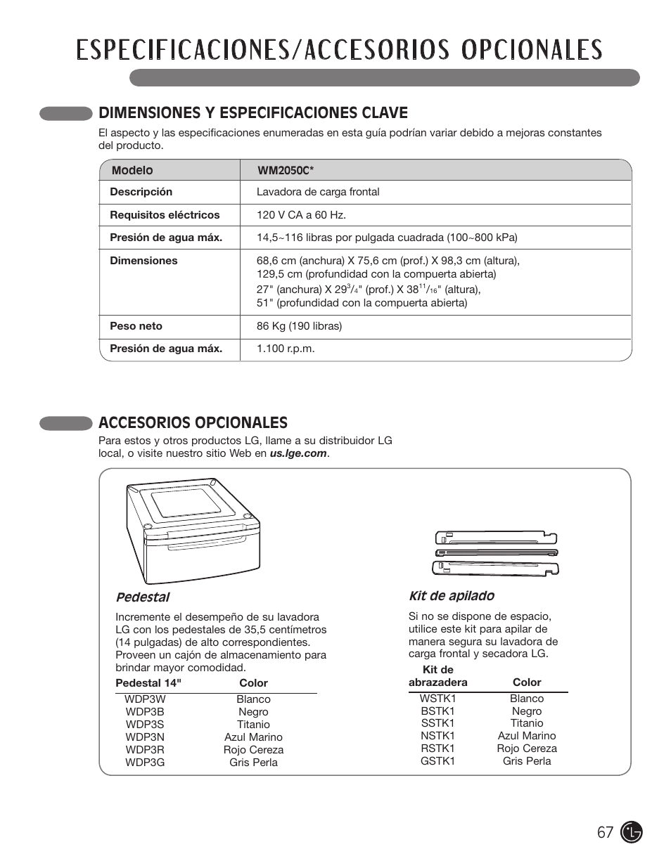Dimensiones y especificaciones clave, Accesorios opcionales | LG WM2050CW User Manual | Page 67 / 108