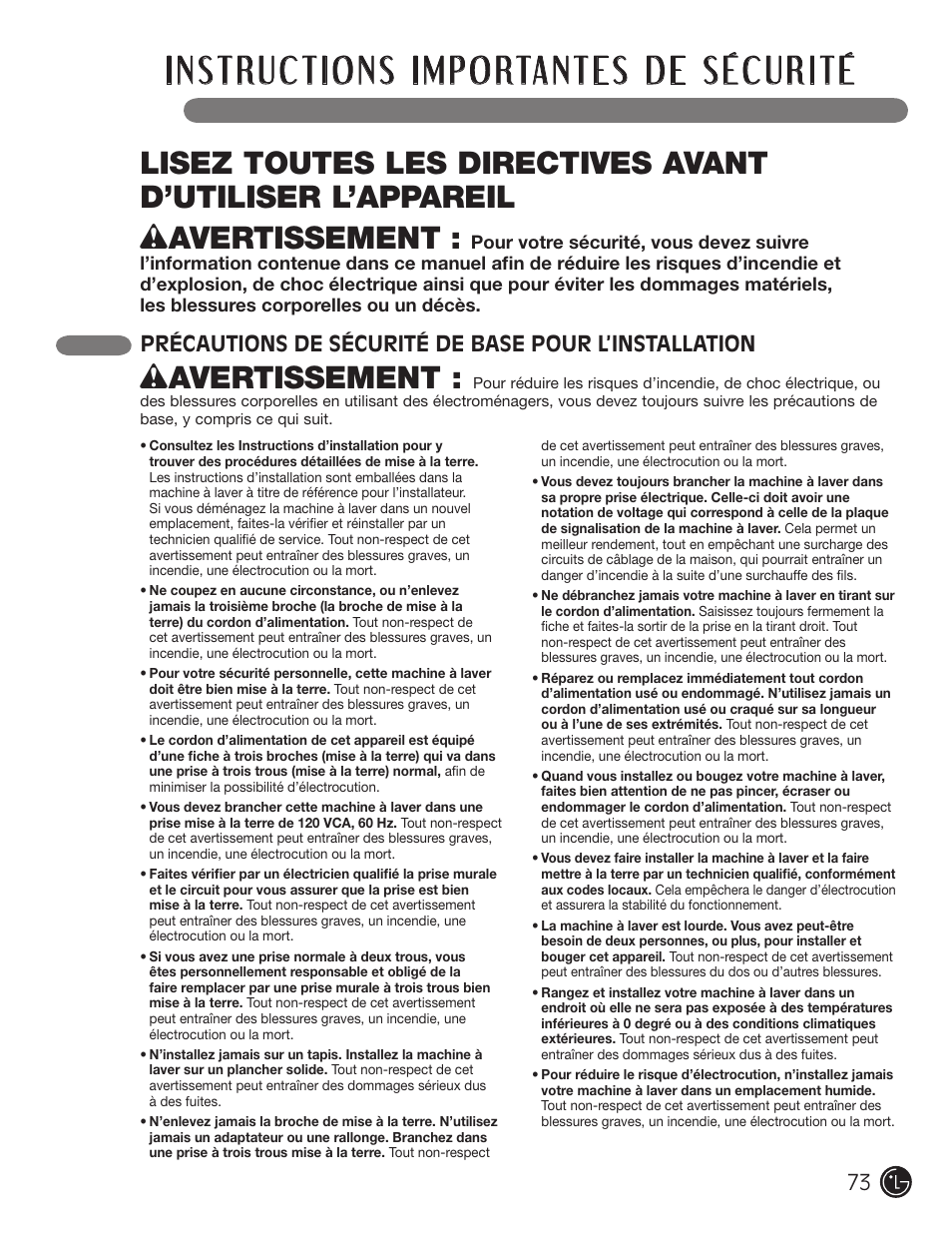 Wavertissement | LG WM2050CW User Manual | Page 73 / 108