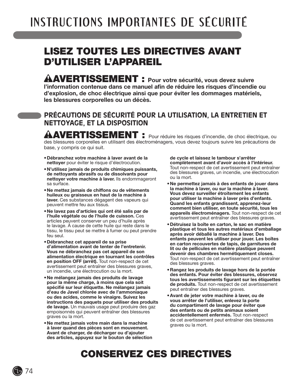 Wavertissement | LG WM2050CW User Manual | Page 74 / 108
