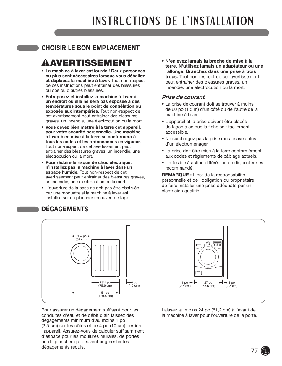 Wavertissement, Choisir le bon emplacement dégagements | LG WM2050CW User Manual | Page 77 / 108