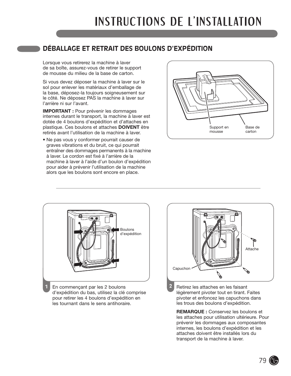 Déballage et retrait des boulons d’expédition | LG WM2050CW User Manual | Page 79 / 108