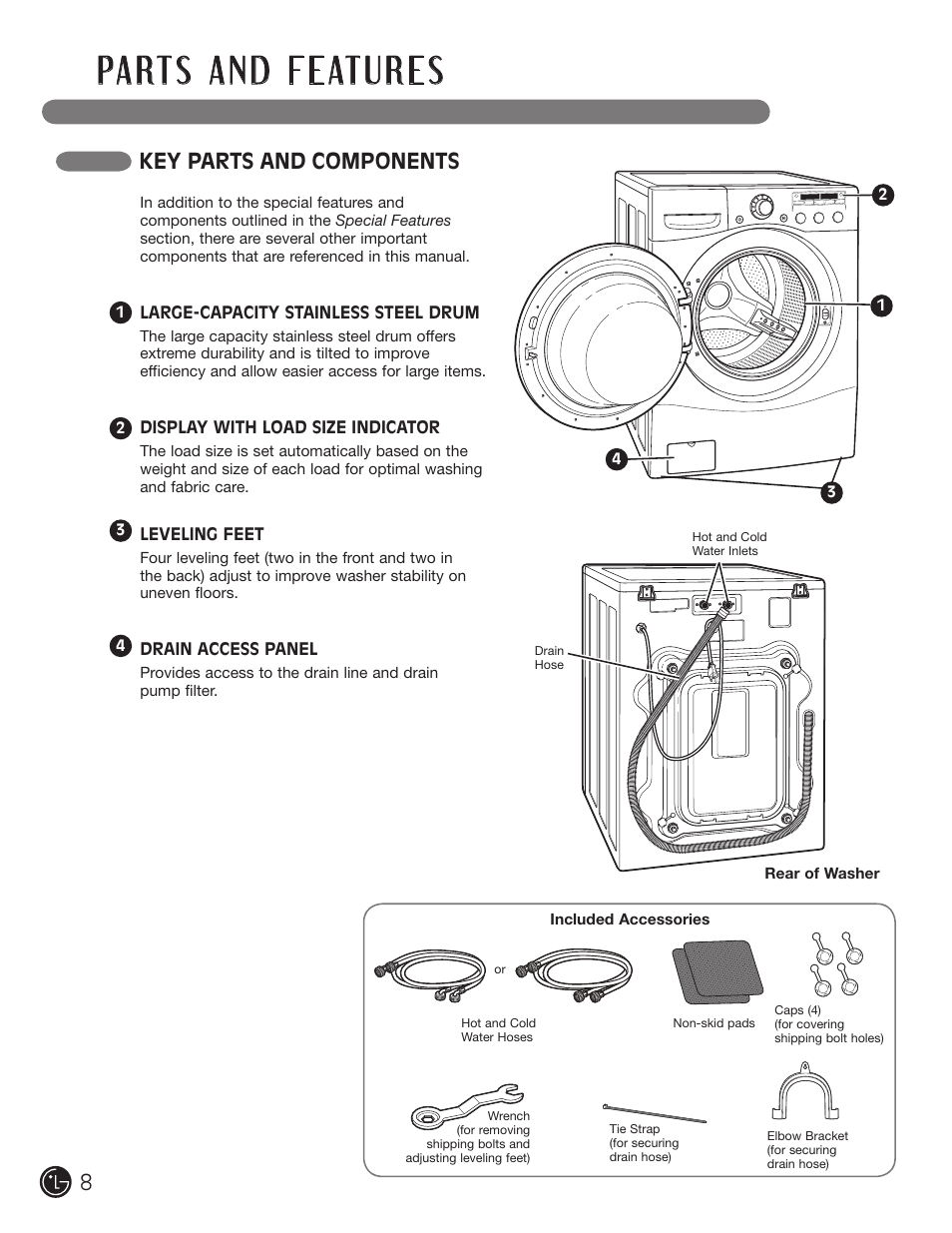 Key parts and components | LG WM2050CW User Manual | Page 8 / 108