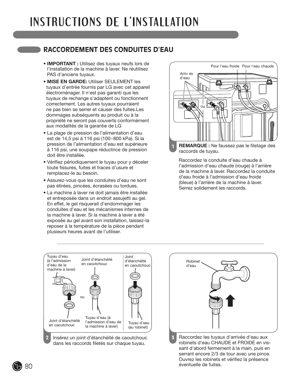 Raccordement des conduites d’eau | LG WM2050CW User Manual | Page 80 / 108