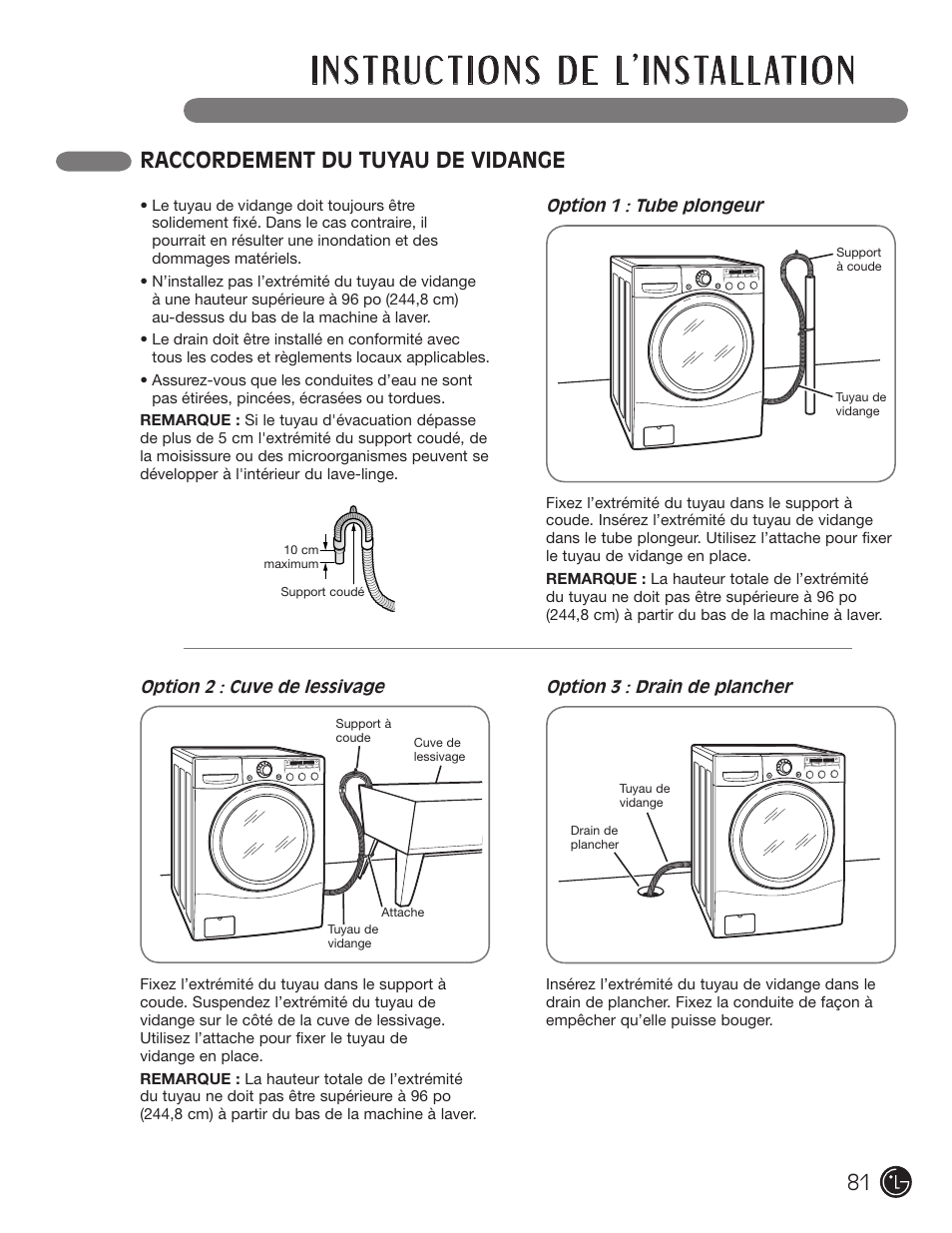 Raccordement du tuyau de vidange | LG WM2050CW User Manual | Page 81 / 108