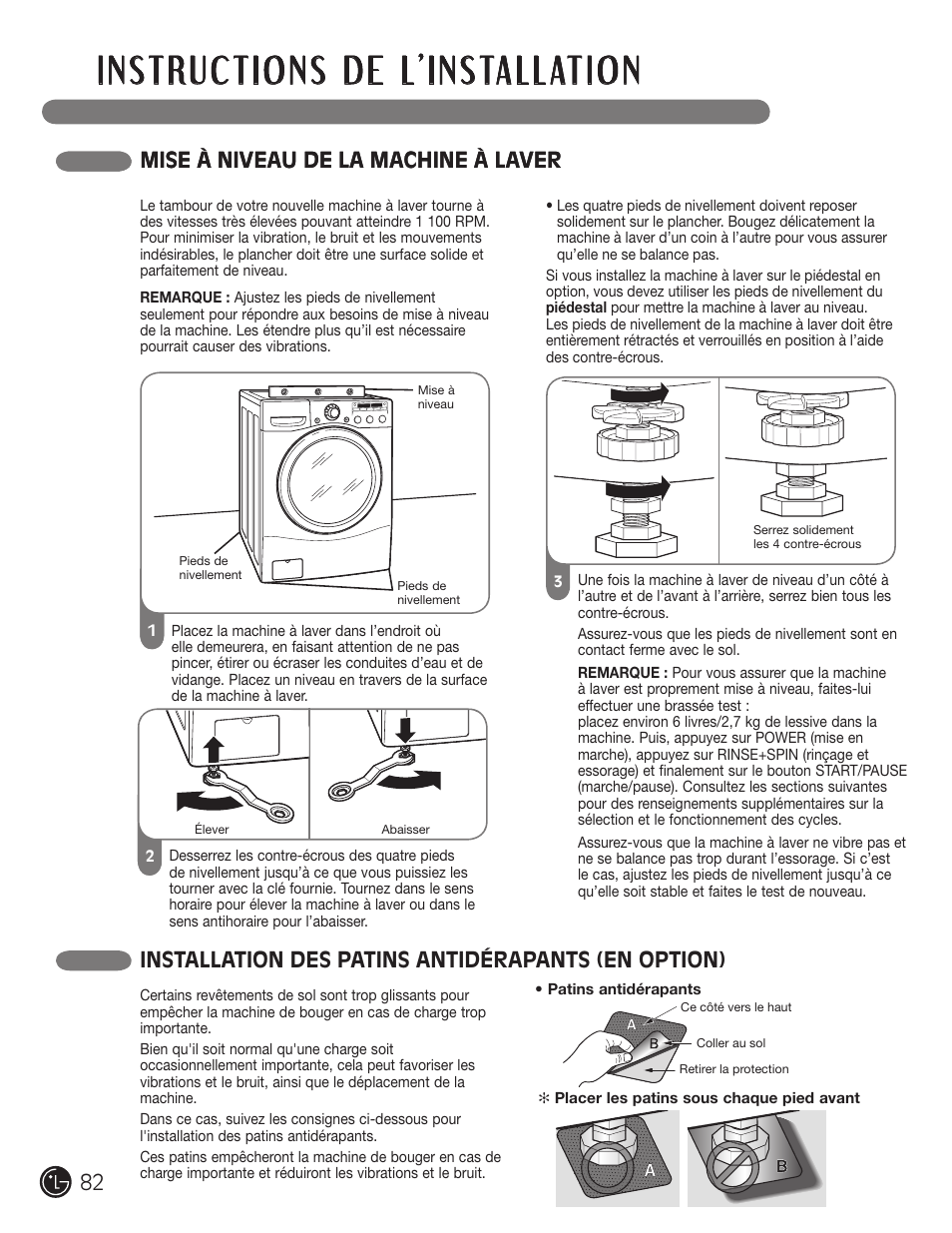 Mise à niveau de la machine à laver, Installation des patins antidérapants (en option) | LG WM2050CW User Manual | Page 82 / 108