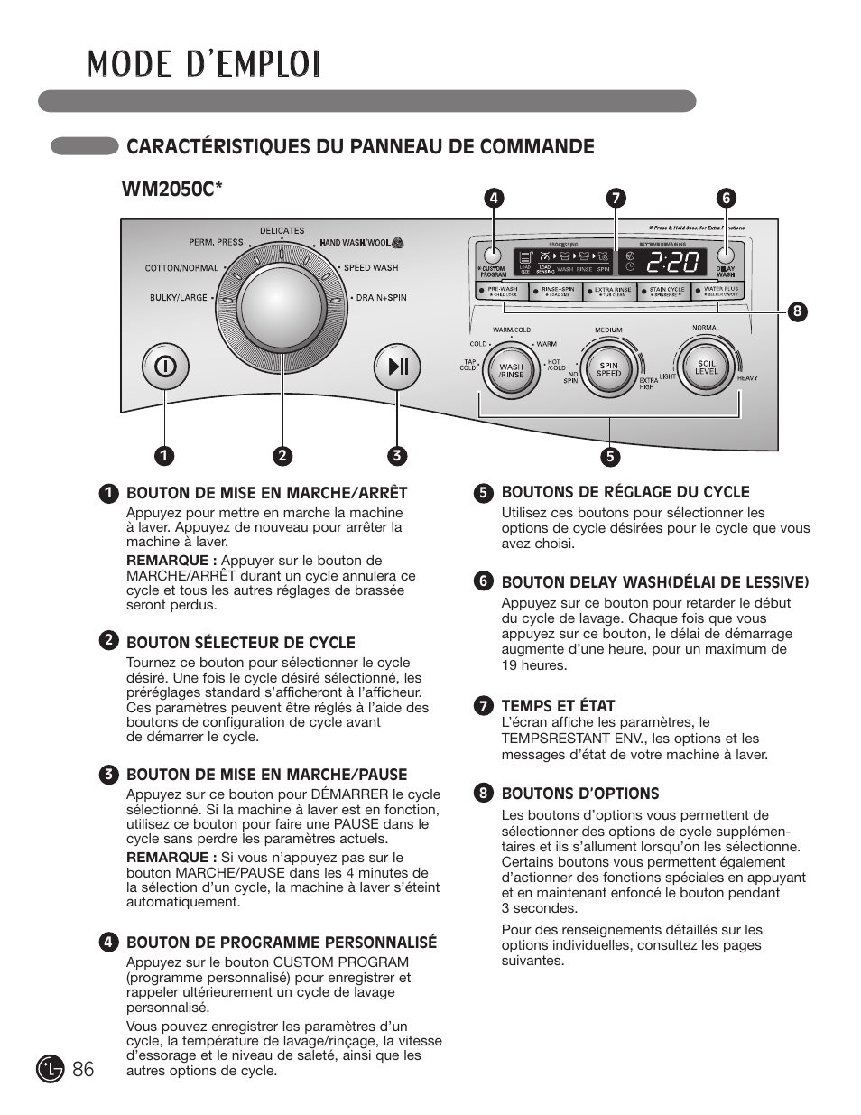 Caractéristiques du panneau de commande, Wm2050c | LG WM2050CW User Manual | Page 86 / 108