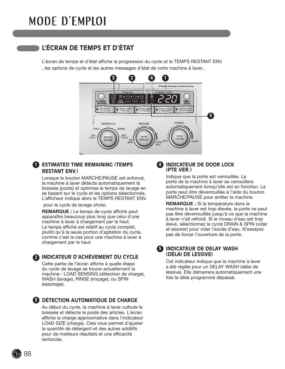 L’écran de temps et d’état | LG WM2050CW User Manual | Page 88 / 108