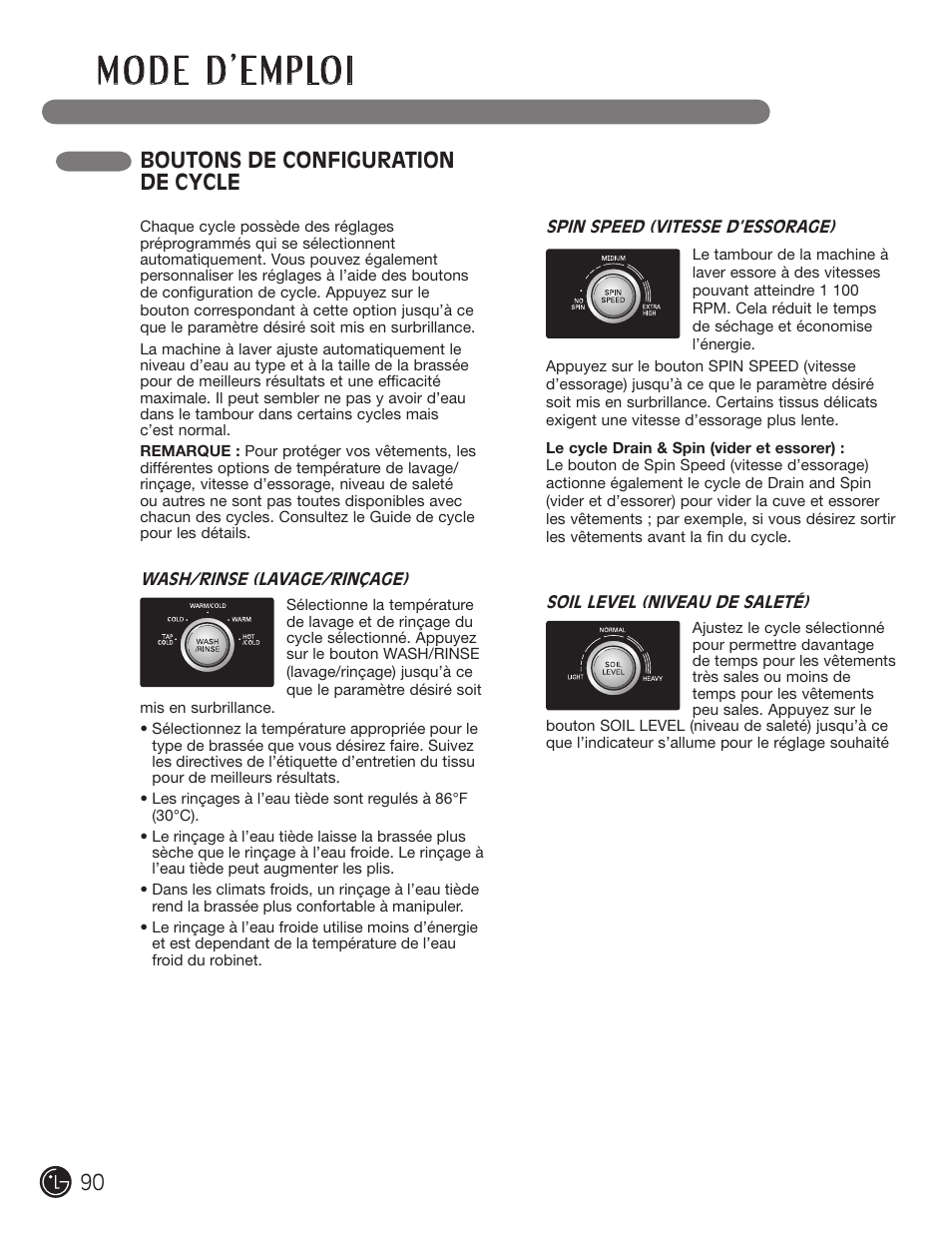 Boutons de configuration de cycle | LG WM2050CW User Manual | Page 90 / 108