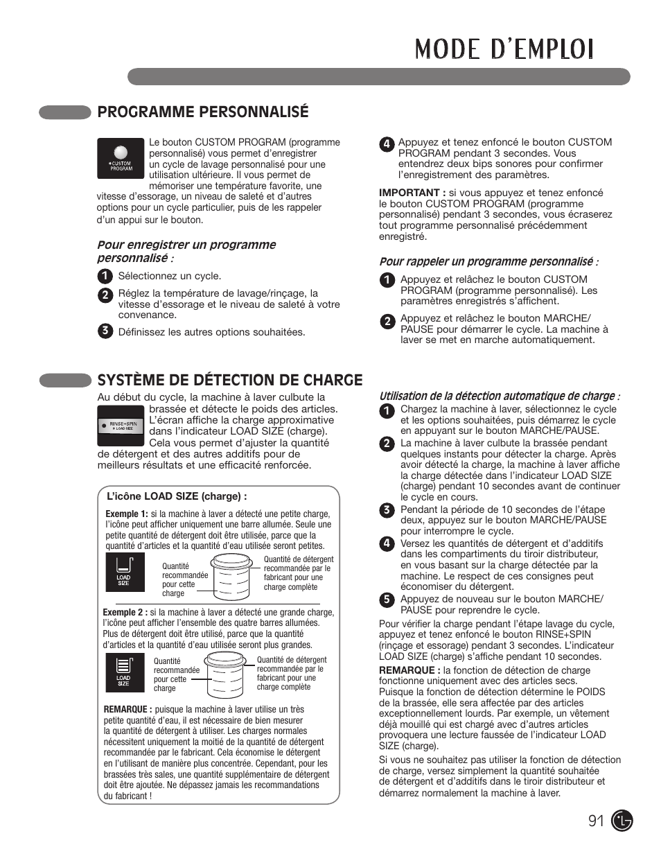 Programme personnalisé, Système de détection de charge | LG WM2050CW User Manual | Page 91 / 108