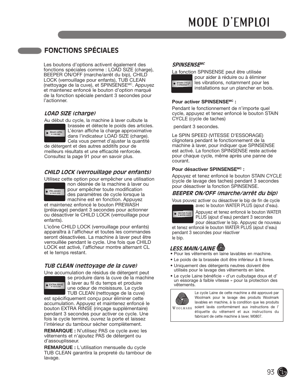 Fonctions spéciales | LG WM2050CW User Manual | Page 93 / 108