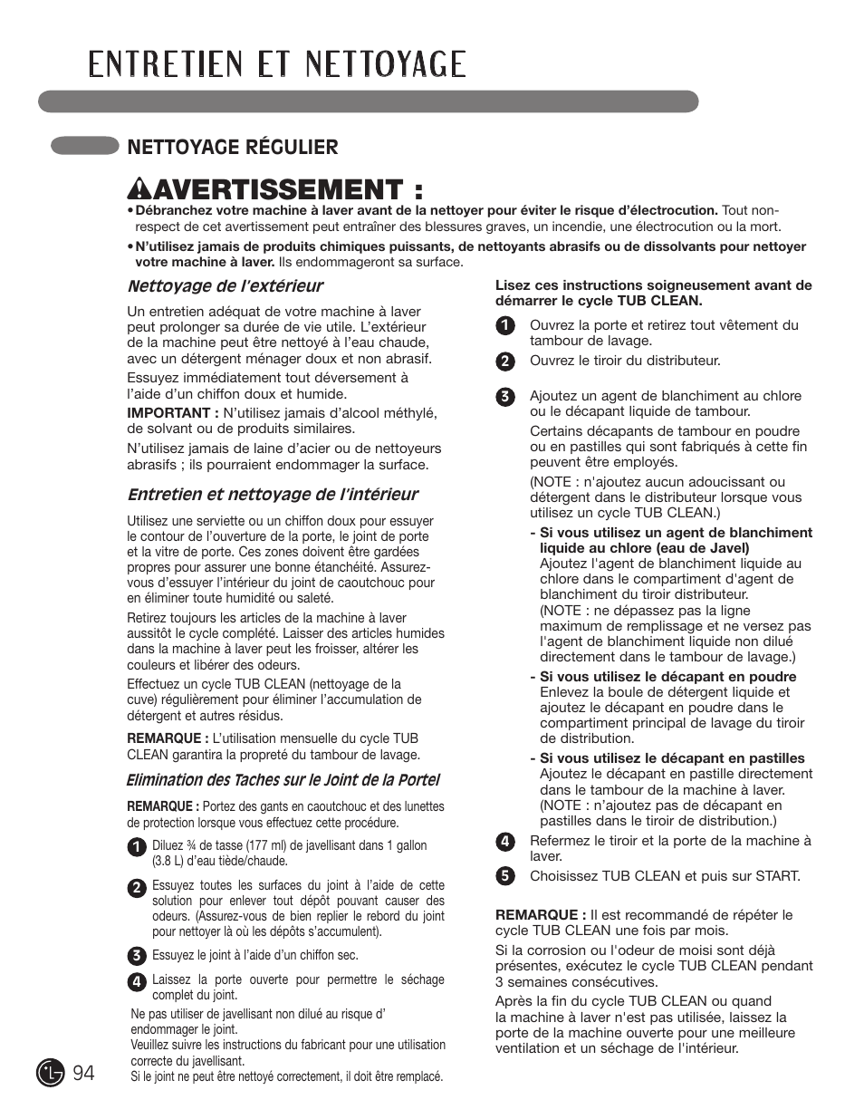 Wavertissement, Nettoyage régulier | LG WM2050CW User Manual | Page 94 / 108