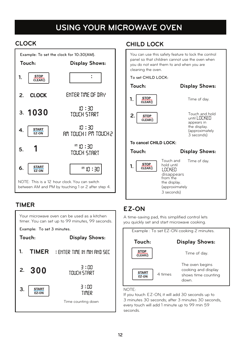 Using your microwave oven, Ez-on, Timer | Clock, Child lock | LG LCRT1510SV User Manual | Page 12 / 29