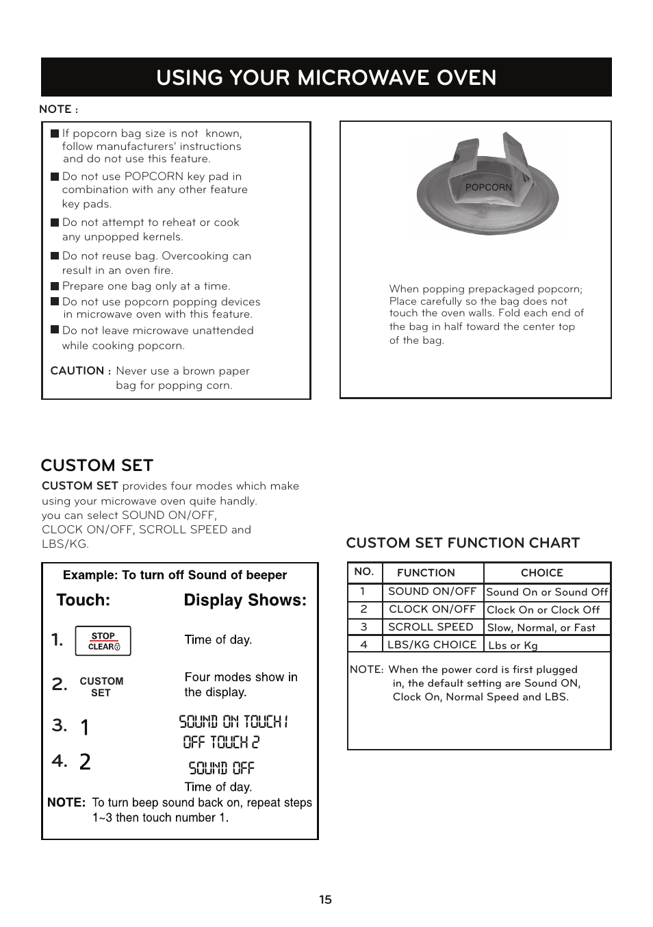 Using your microwave oven, Custom set, Sound on touch 1 off touch 2 sound off | Custom set function chart | LG LCRT1510SV User Manual | Page 15 / 29