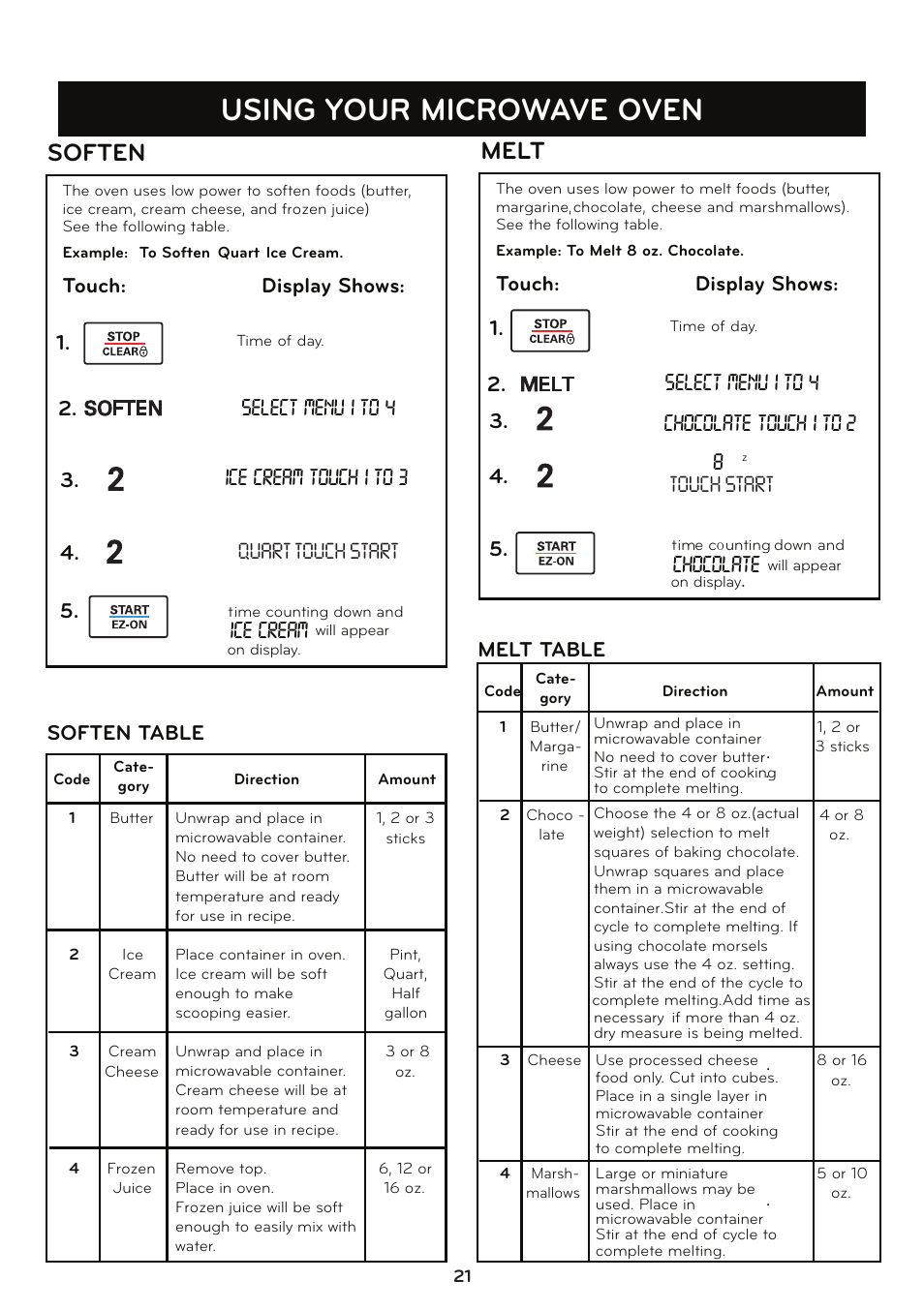 Using your microwave oven, Soften, Melt | Touch: display shows: 1. 2. 3. 5, Touch: display shows: 1. 2. 3, Soften table, Melt table | LG LCRT1510SV User Manual | Page 21 / 29